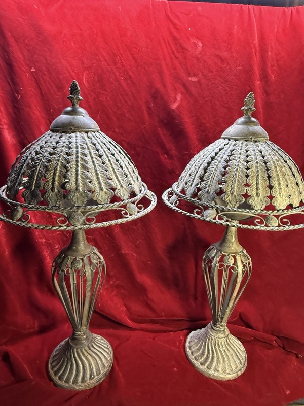 Two Vintage Medal Lamps . Iron Scrollwork