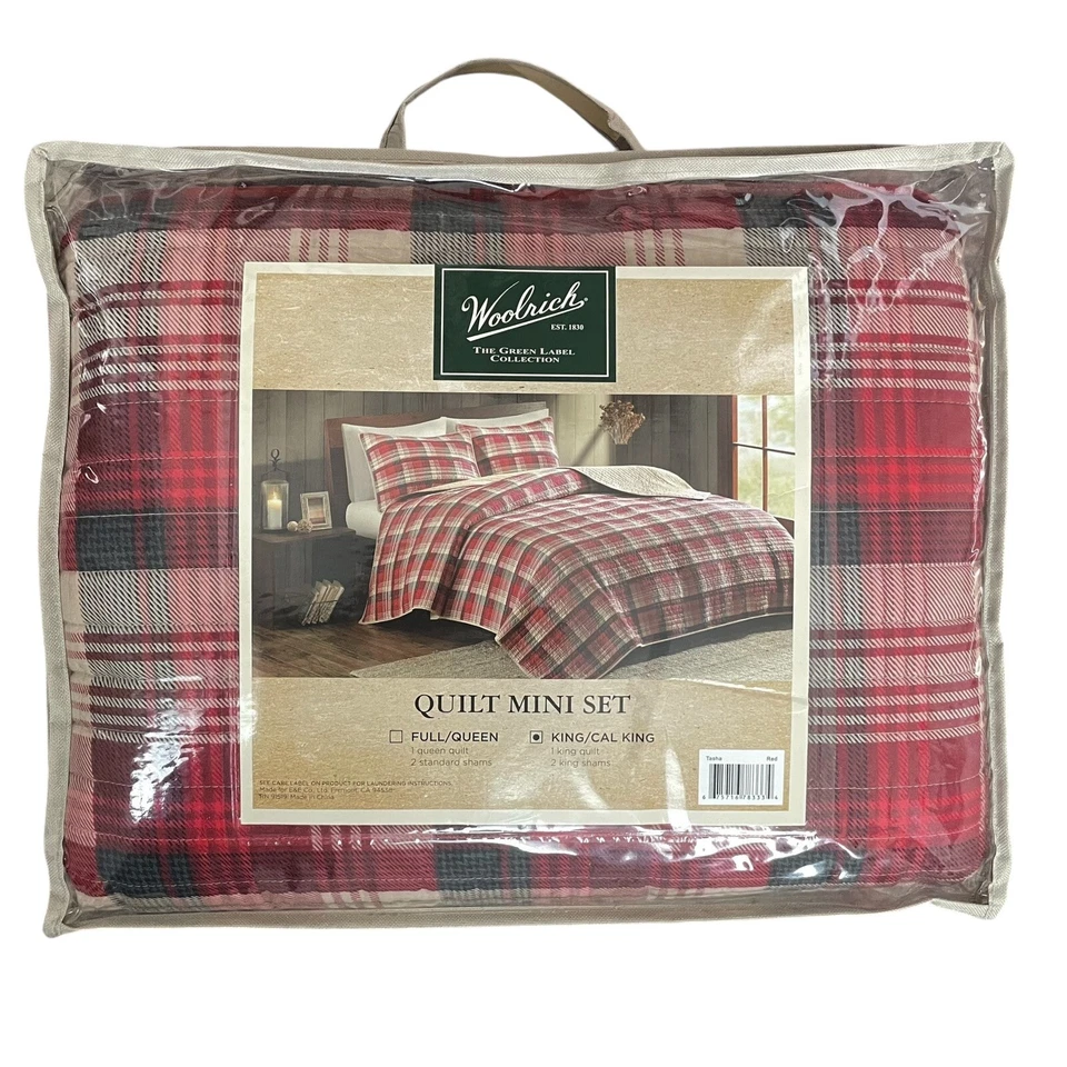 WOOLRICH Country Quilt Mini Set KING/CAL KING 3 Pc Red Tan Plaid Reverses to Tan - Image 3 of 4