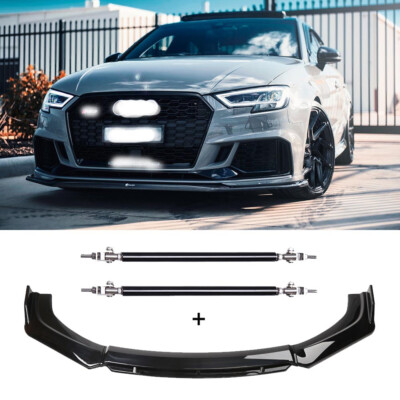 For Audi A4 S4 A5 8E B6 B7 Gloss Black Front Bumper Lip Chin Splitter+Strut Rods