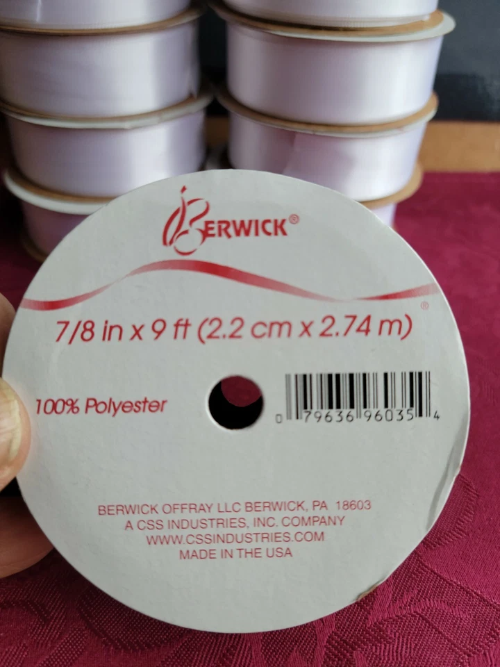 (12) rolls New Berwick White 7/8 in x 9 ft 100% Polyester Ribbon USA Made - Image 2 of 2