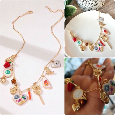 Evil Eye Charm Lucky Necklace Pepper Acorn Heart Western Gold Vintage Style NEW