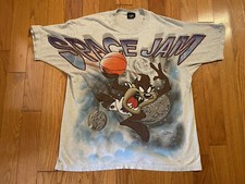 Vintage Space Jam Taz Looney Tunes AOP Large Print Shirt Size XL 1996