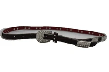 Women Silver Metal Bling Buckle Western Fashion Red Faux Leather Narrow Belt L