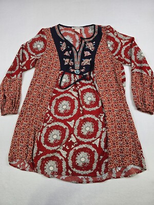 Anthropologie Flying Tomato Rust Red & Navy Boho Tunic Dress M