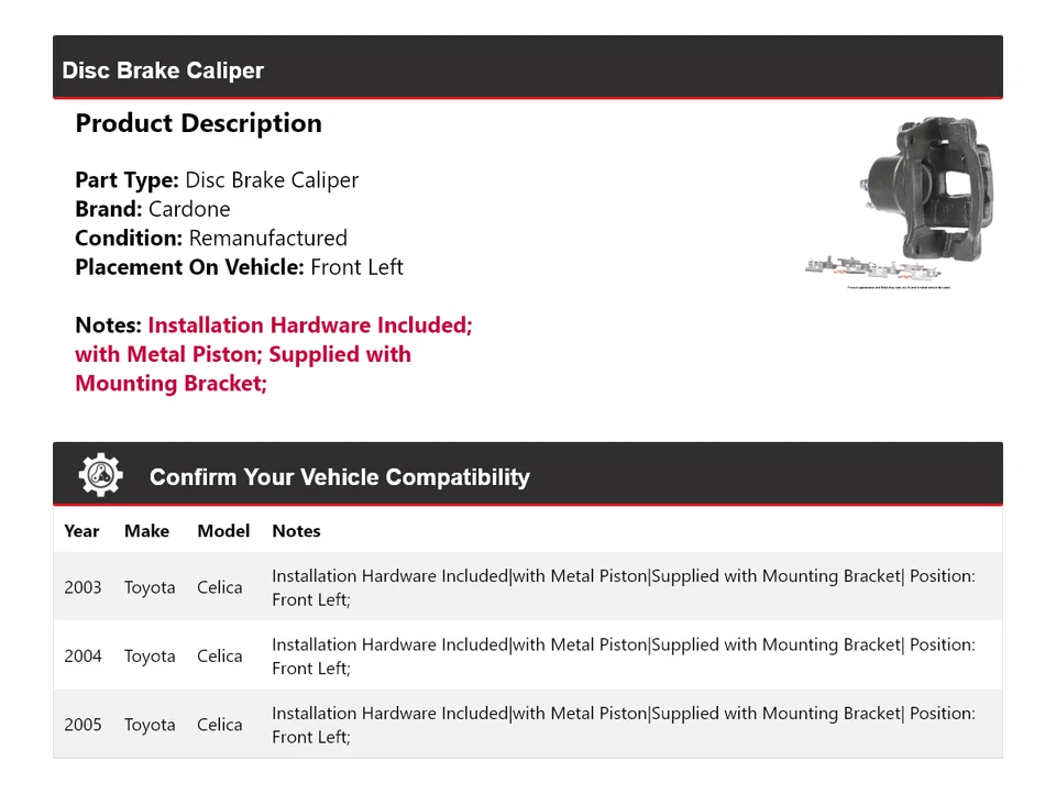 Pinça de freio a disco dianteira esquerda Cardone 2004 Toyota Celica 2003-2005 - Imagem 2 de 4