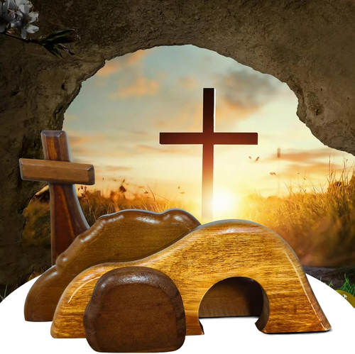 Easter Scene Wooden Decorations - Empty Tomb Resurrection Scene and Cross Decor