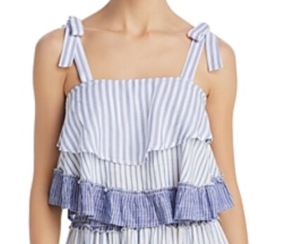 Surf Gypsy Striped Combo Ruffle Tank Top Swim Cover-up, Medium, Blue & White