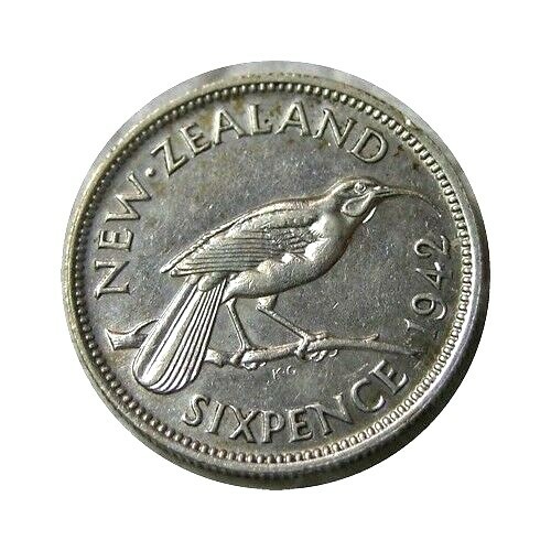 elf New Zealand 6 Pence 1942 Huia Bird World War II Key Date - Picture 1 of 2