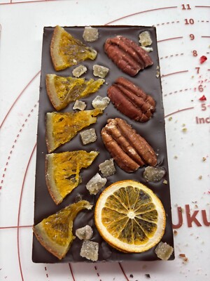 Belgium 70% Dark Chocolate bar Hand made Pecan Orange  Ginger choco bar 80g.