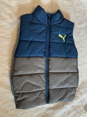 Puma Quilted Vest Kids Unisex Gray & Navy Blue Outdoor Mock Neck Size XXS (3-4)