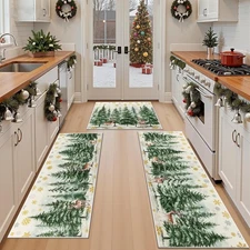 Christmas Kitchen Rugs Sets of 3 Reindeer Trees Floor Mats Non Skid Washable 