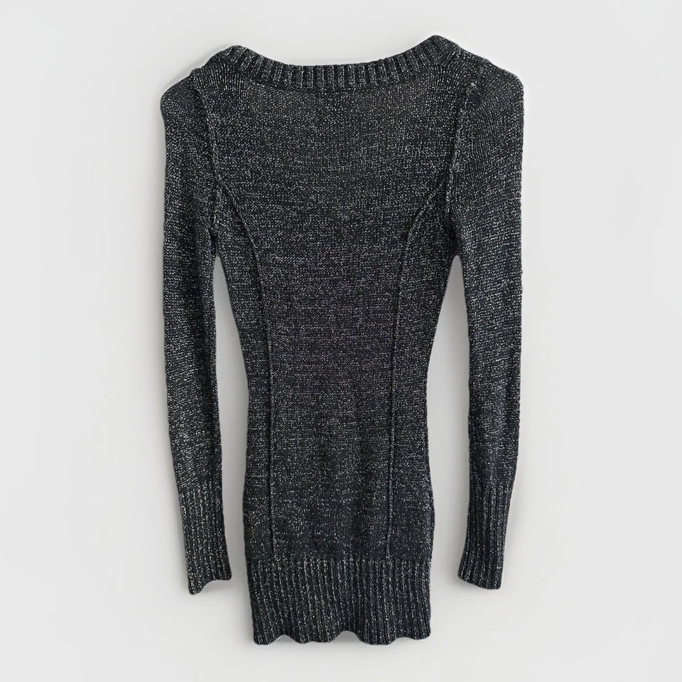 GUESS Long Sweater Womens Small Black Knit Metallic L/S V Neck Elena Vamp - Image 2 of 4