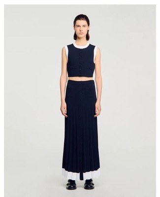 Sandro Women's Color-blocking knitted cardigan vest top Coat Pleated skirt
