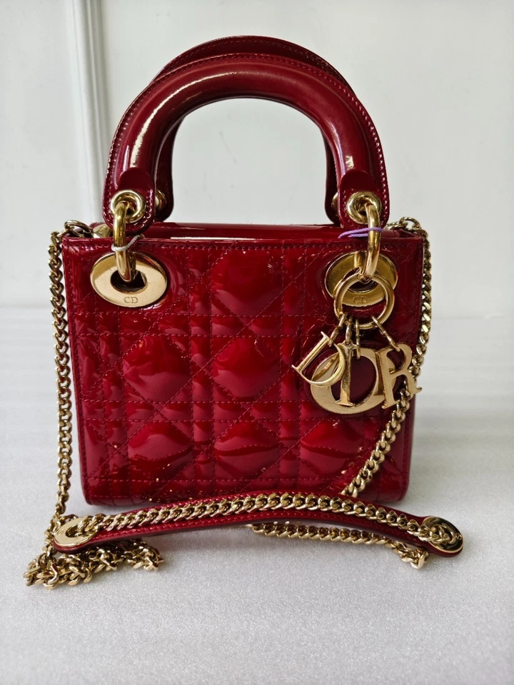 Dior Lady Dior Red Gold Hardware Patent Leather Handbag Chain Crossbody Bag - Image 2 of 4
