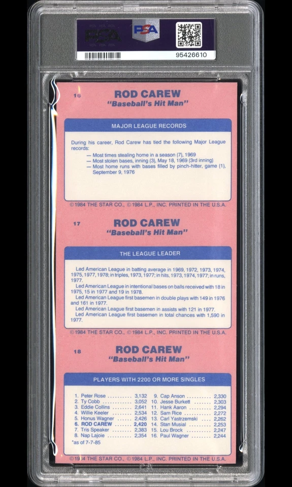 1986 Star Rod Carew 3 Card Panel #16-18 PSA 4 VG-EX HOF Los Angeles Angels Twins - Image 2 of 2