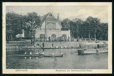 Postcard Dortmund Boathouse on the Ems Canal - Competition Rower Steamer Port - 1911 used