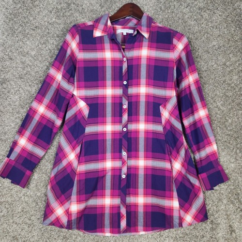 Foxcroft Purple Pink Plaid Shirt Womens 10 Button Up Long Sleeve Pockets NEW