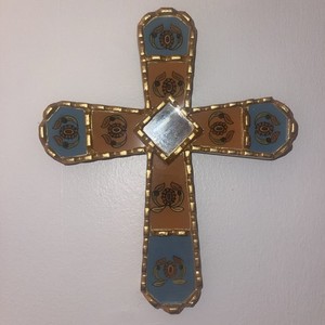Vintage Peruvian Mohena Floral Reverse Painted Glass & Wooden Wall Cross  10”