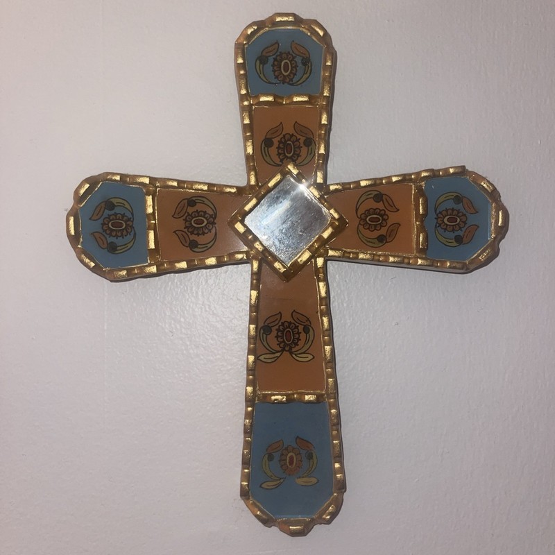 Vintage Peruvian Mohena Floral Reverse Painted Glass & Wooden Wall Cross  10”