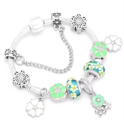 V79 925 STERLING SILVER GLASS BEAD WHITE GREEN FLOWERS CHARM BRACELET 7.9''