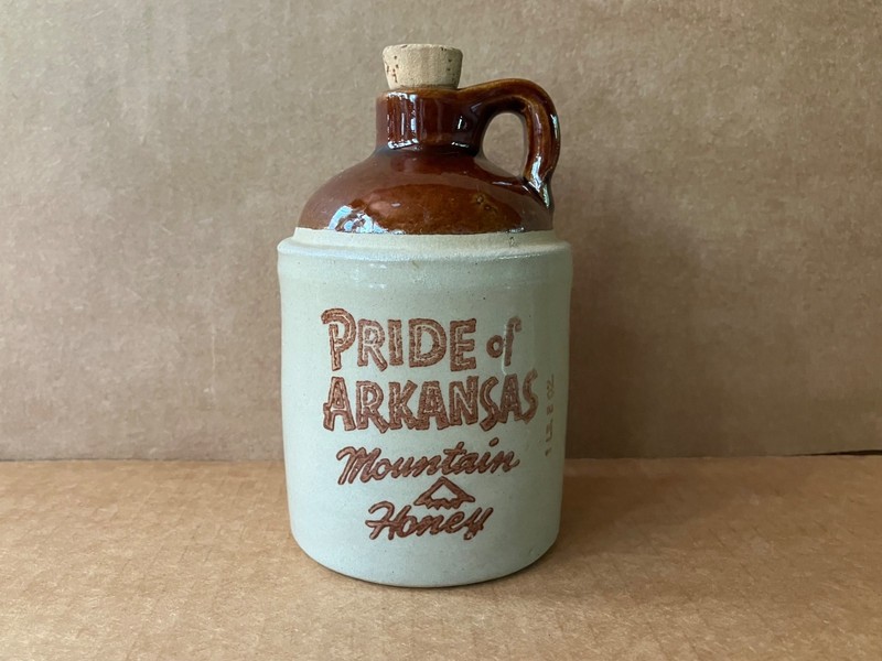 Vintage Pride of Arkansas Mountain Honey 1 lb 8 oz Empty Jug w/Cork, USA 4.75"Ht