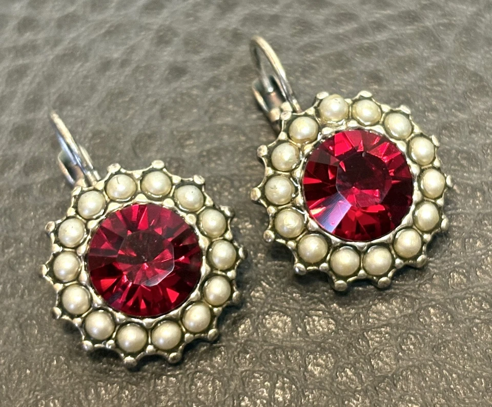 Mariana Earrings Red Faux Pearl Made With Swarovski Crystals Leverback Drop - Image 3 of 4