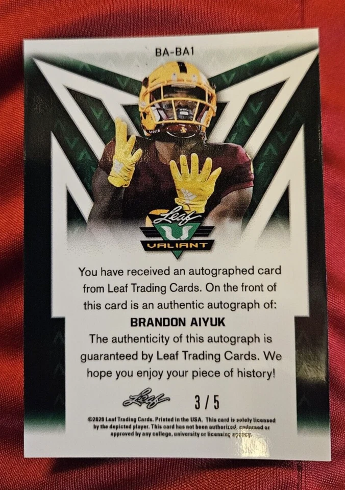 Brandon Aiyuk- 2020 Leaf Valiant Football Auto Black Rookie Card # BA-BA1-..../5 - Image 2 of 3