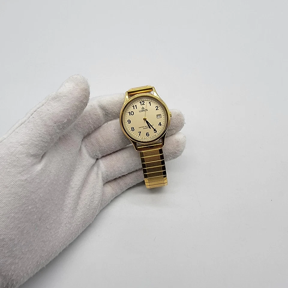 Reloj Lorus Mujer Vintage 32mm Tono Dorado Esfera Fecha Banda Elástica 6.8", Funciona Foto 2 de 4