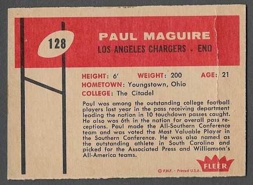 1960 Fleer #128 Paul Maguire (RC) (VG-VGEX) Los Angeles Chargers - Picture 2 of 2