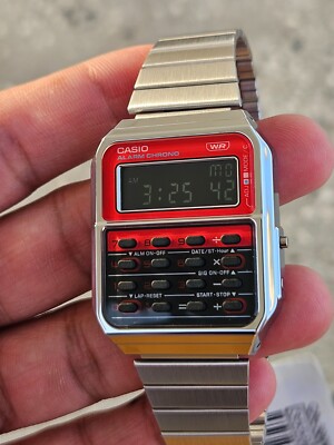 Casio CA-500WE-4BDF Vintage Style Calculator Watch   Red Face, Stainless Steel
