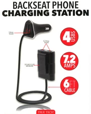 True Tech - Front & Back Seat 7.2 Amp Charging Station 6' Cable with 4 USB Ports