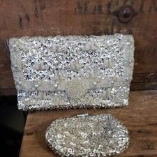 Vintage Bon Soir White Beaded Sequined Evening Bag Clutch Purse  Coin Purse