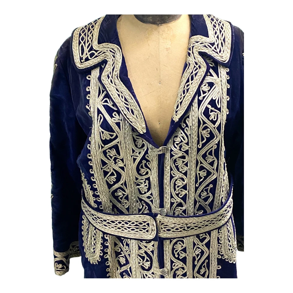 Hermoso Abrigo Afganistán Vintage Años 70 Boho Hippy Azul Terciopelo con Alambre Plateado Foto 2 de 4