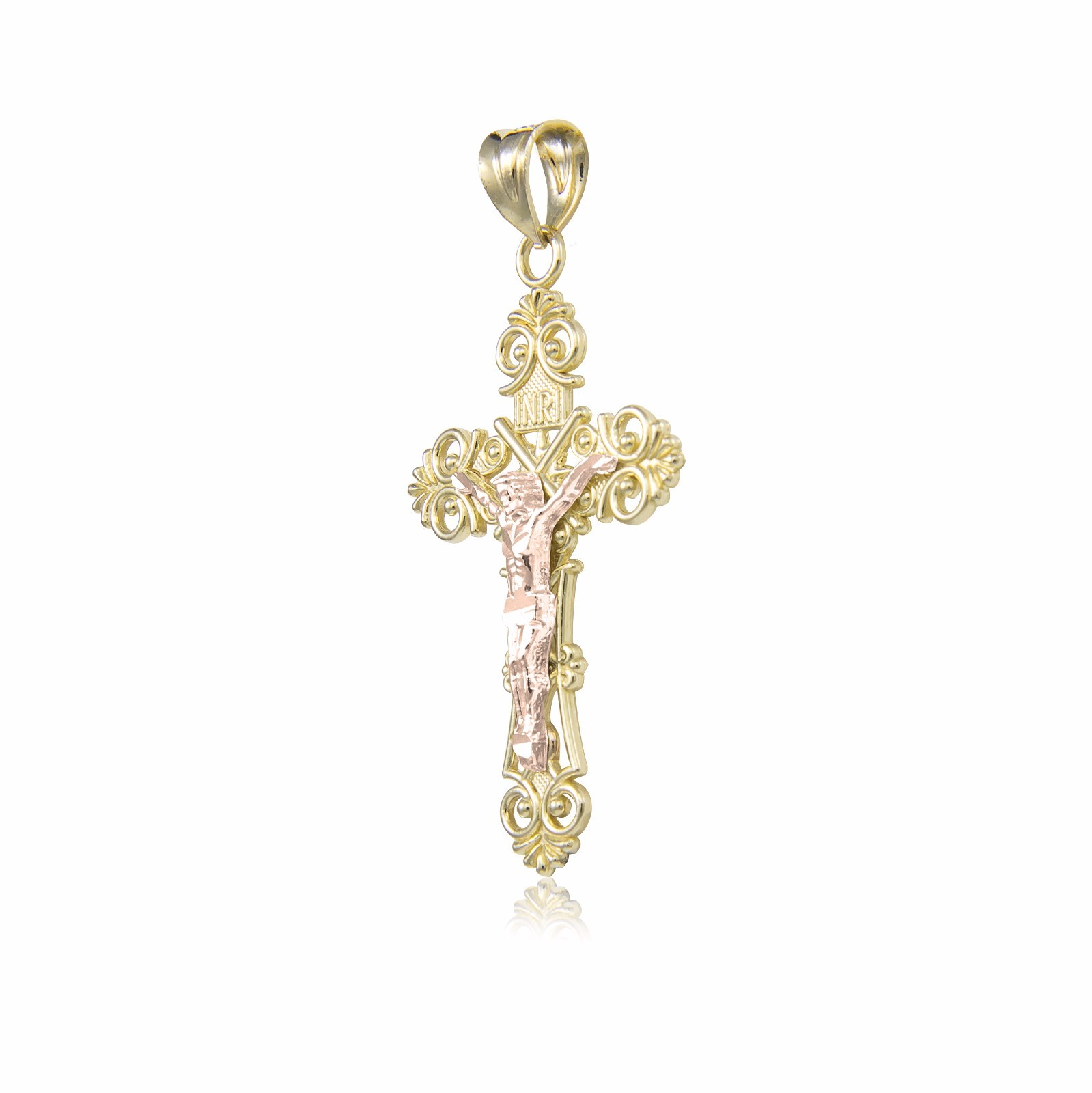 14k Gold Cross Necklace - Two Tone Filigrano Large Rose Gold Crucifix - Solid Figaro Chain - LE2947