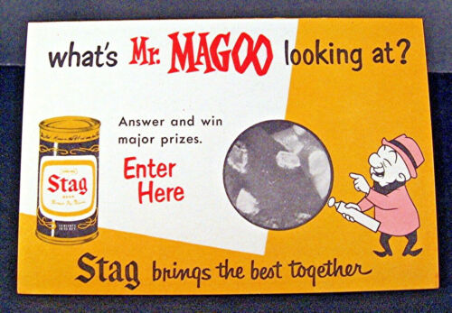 1955 Stag Beer Mr Magoo caja plana lata de cerveza Edsel coche Carling promoción mesa letrero - Imagen 2 de 4