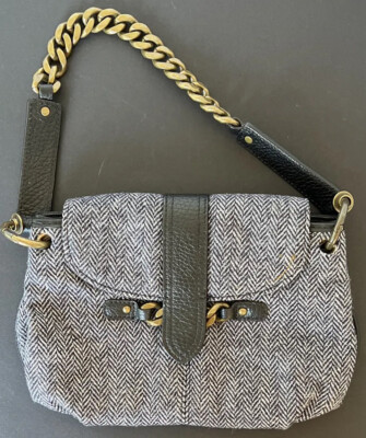 Crew Y2K Mini Shoulder Bag Chevron Tweed Gray Brass Heavy Chain Strap  Handbag