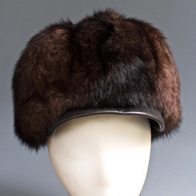 Chapéu de pele de vison vintage anos 60 anos 70 Frederick Fox Mitzi Lorenz Mod aba alta couro cabbie - Imagem 3 de 4