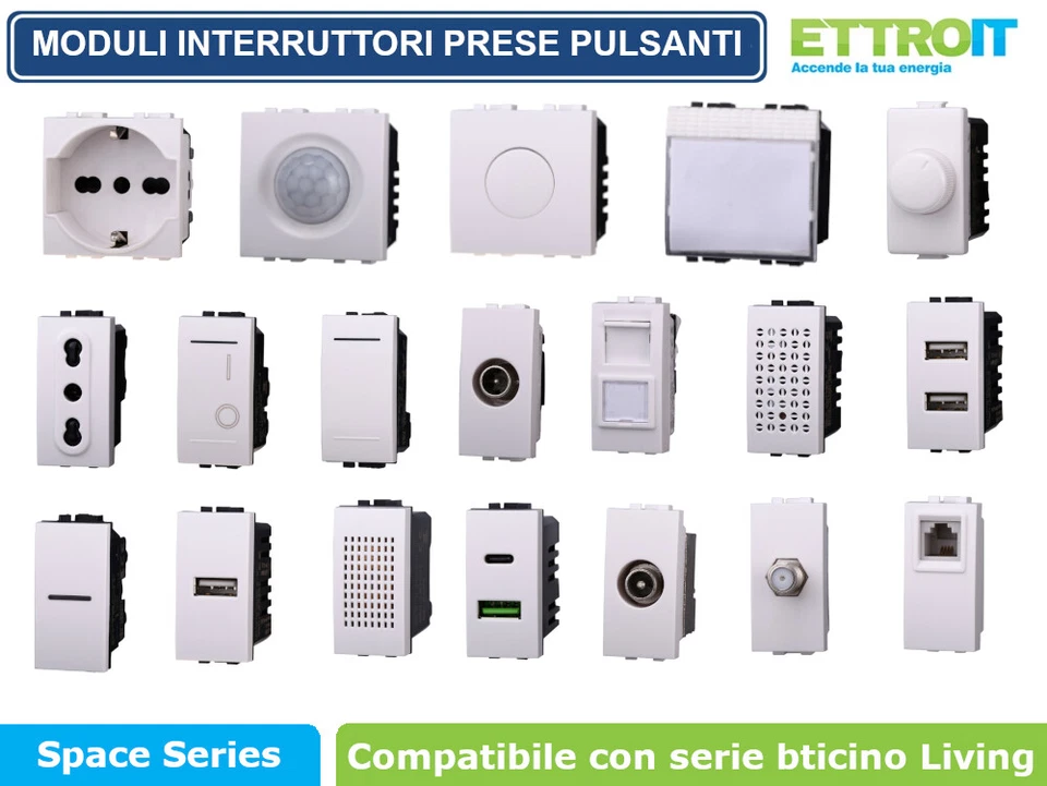 ETTROIT MODULI PRESE INTERRUTTORI SHUCKO PULSANTI USB COMPATIBILE SERIE BTICINO LIVING