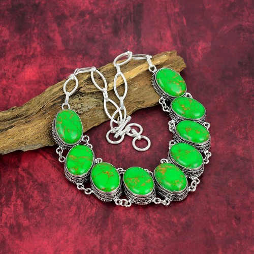 Green Copper Turquoise Gemstone Handmade 925 Sterling Silver Jewelry Necklace - Picture 5 of 6