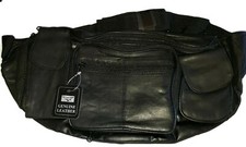 GIANT Black Leather 5 Zipper Waist Fanny Pack Belt Bag  Organizer Pkt