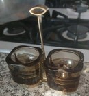 Mid Century Smoke Glass Salt/Cellar Dip w/ Cradle Handle Not Original Spoon VG — photo 3