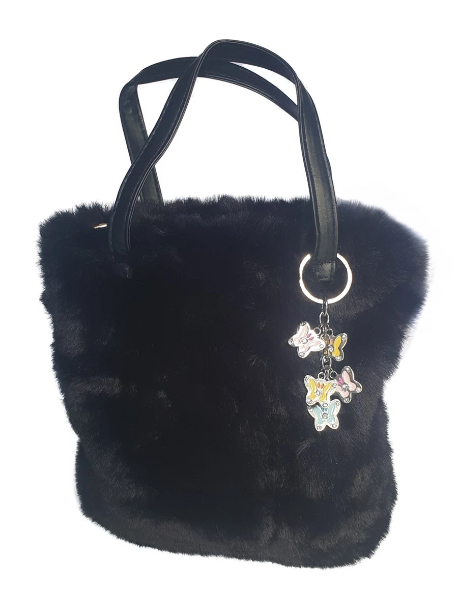 Black Faux Fur Shoulder Bag Fluffy Soft Handbag Butterfly Keychain Charm