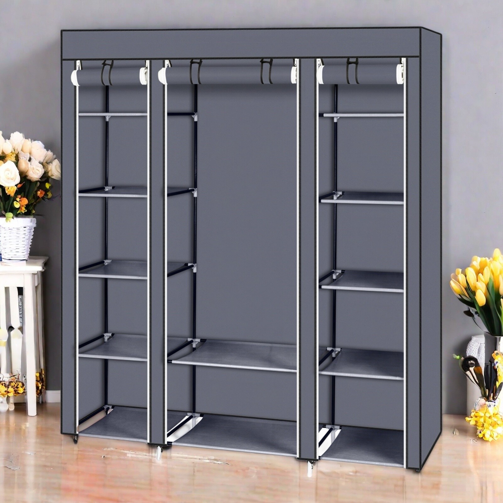 5-Tier Portable Wardrobe Closet - Gray, Non-woven Fabric,12-Cube & Roll-Up Door