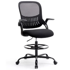 Tall Office Desk Chair with Footrest, Drafting Chair with Flip-up Armrest