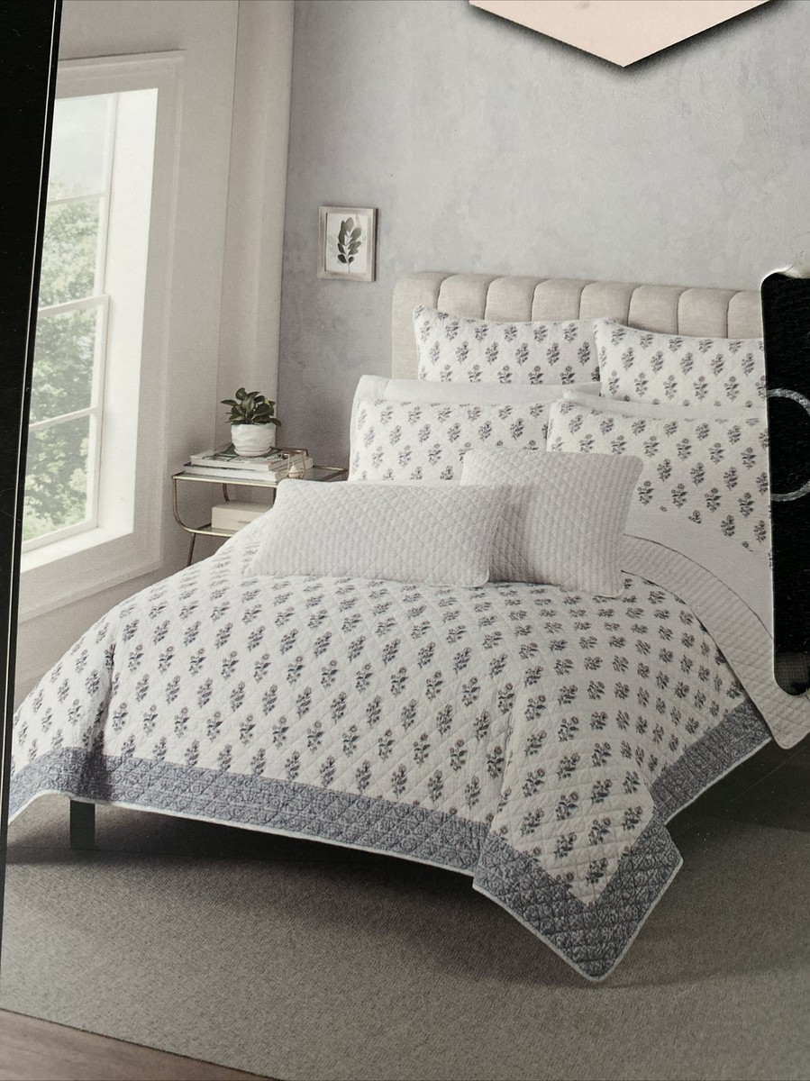 NEW Rachel Zoe White Blue Cotton Reversible King Quilt 106x92