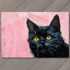 POSTCARD Black Cat Yellow Eyes Pink Pet Background Painting Cute Fun Feline