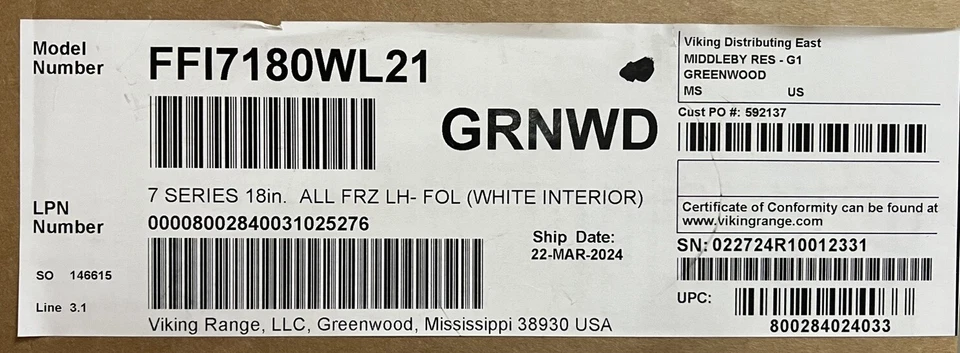 Columna congelador bisagra izquierda Viking FFI7180WL 18" - Listo para panel Foto 2 de 2