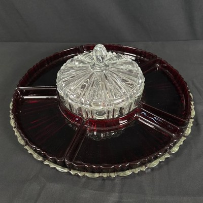 Anchor Hocking Old Cafe Royal Ruby Red Glass 8pc Lazy Susan Relish Tray VTG 30s