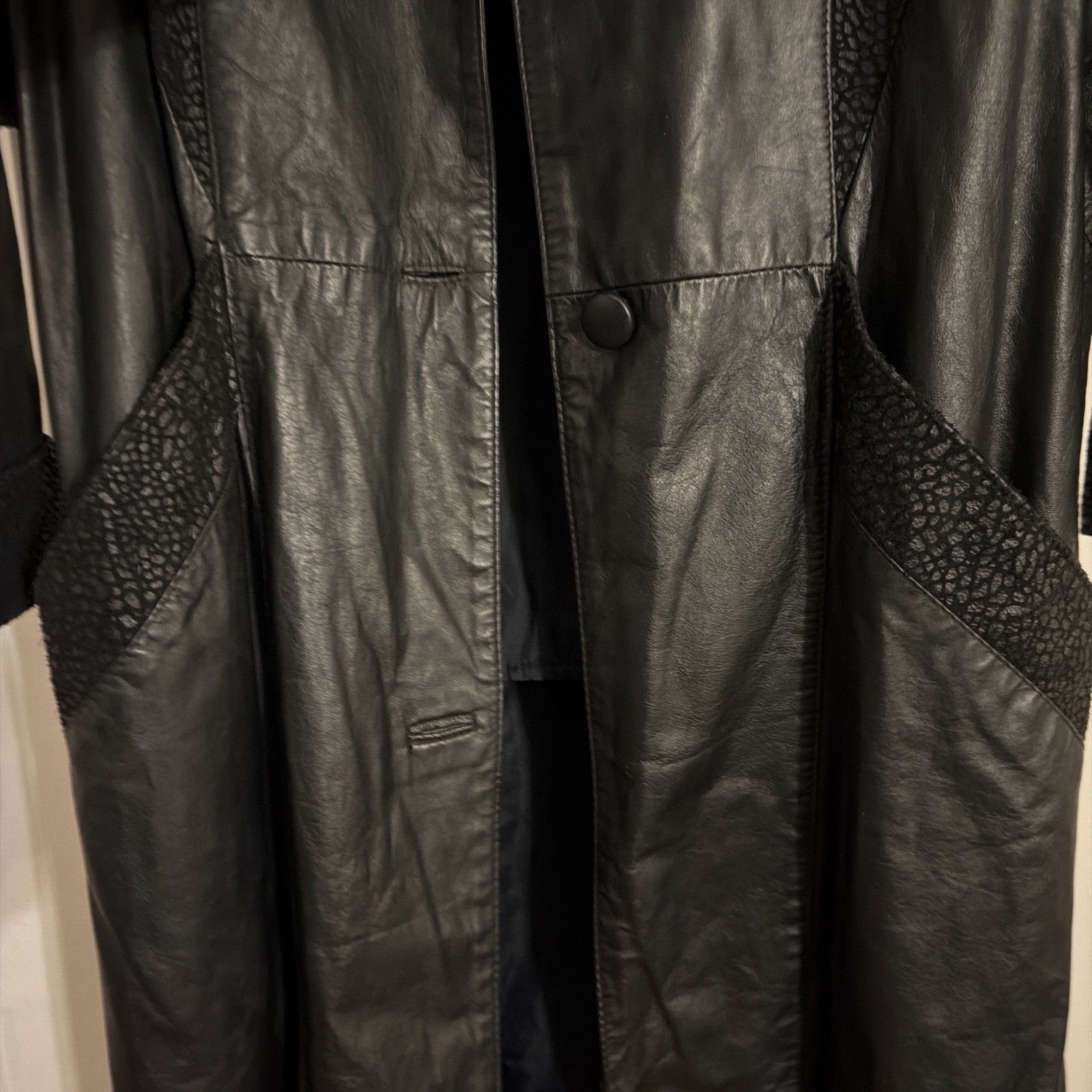 Commit Black Leather Textured Panels Long Overcoa… - image 3