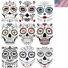 9 Sheets Floral Day of the Dead Sugar Skull Face Tattoos for Halloween Fun